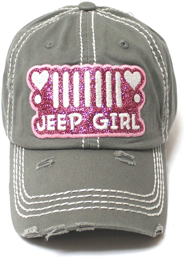 Women's Ballcap Jeep Girl Pink Glitter, Hearts Patch Embroidery Hat, Silver Mist Grey - Caps 'N Vintage 