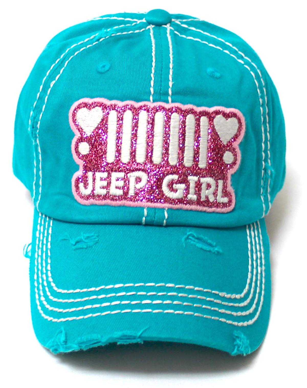 Women's Ballcap Jeep Girl Glitter, Hearts Monogram Patch Embroidery Adjustable Hat, California Blue - Caps 'N Vintage 