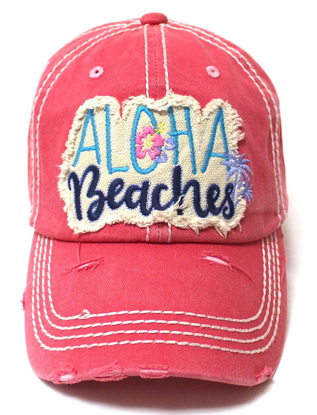 Aloha Beaches Patch Embroidery Distressed Baseball Hat, Coral Rose - Caps 'N Vintage 