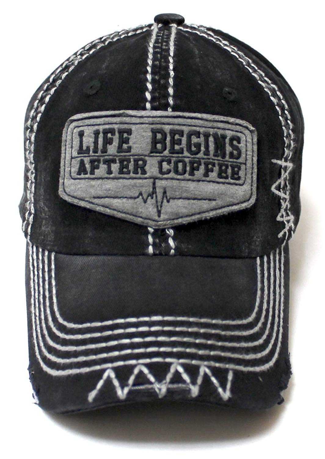 Classic Varsity Ball Cap Life Begins After Coffee Patch Embroidery Hat, Vintage Black - Caps 'N Vintage 