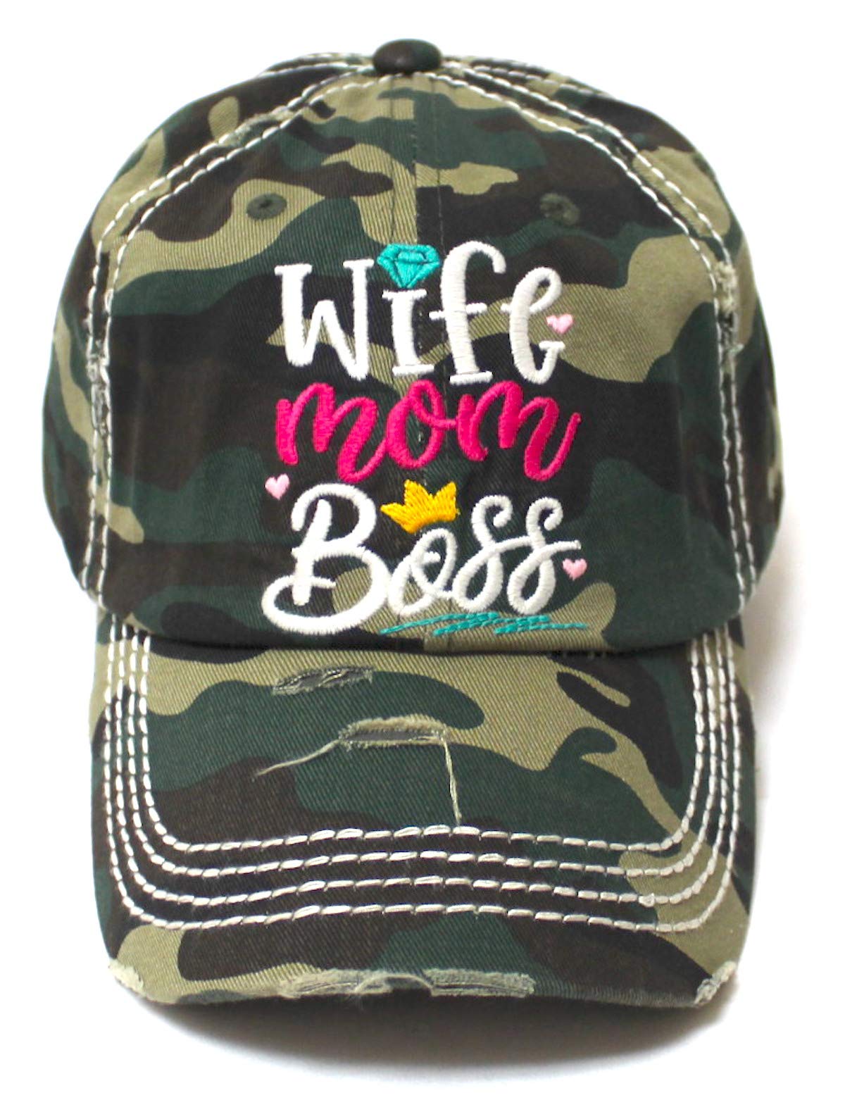 Women's Vintage Baseball Cap Wife, Mom, Boss Crown Diamond Hearts Monogram Embroidery Hat, Army Camo - Caps 'N Vintage 