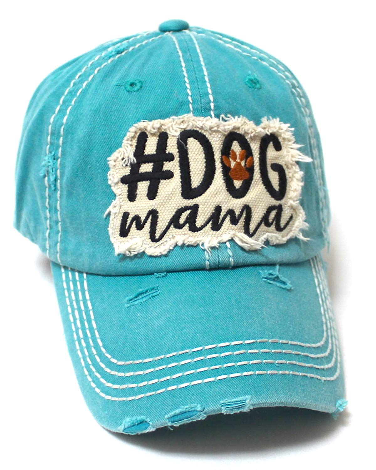 Women's Ballcap #Dog Mama Paw Print Patch Embroidery Unconstructed Hat, Turquoise - Caps 'N Vintage 