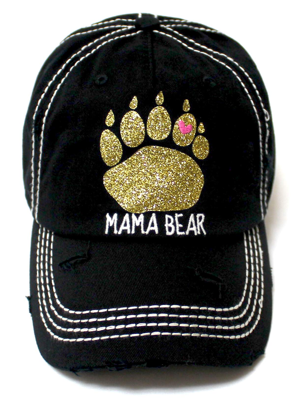 Women's Graphic Ballcap Mama Bear Gold Glitter Paw Print Heart Shape Monogram Hat, Vintage Black - Caps 'N Vintage 
