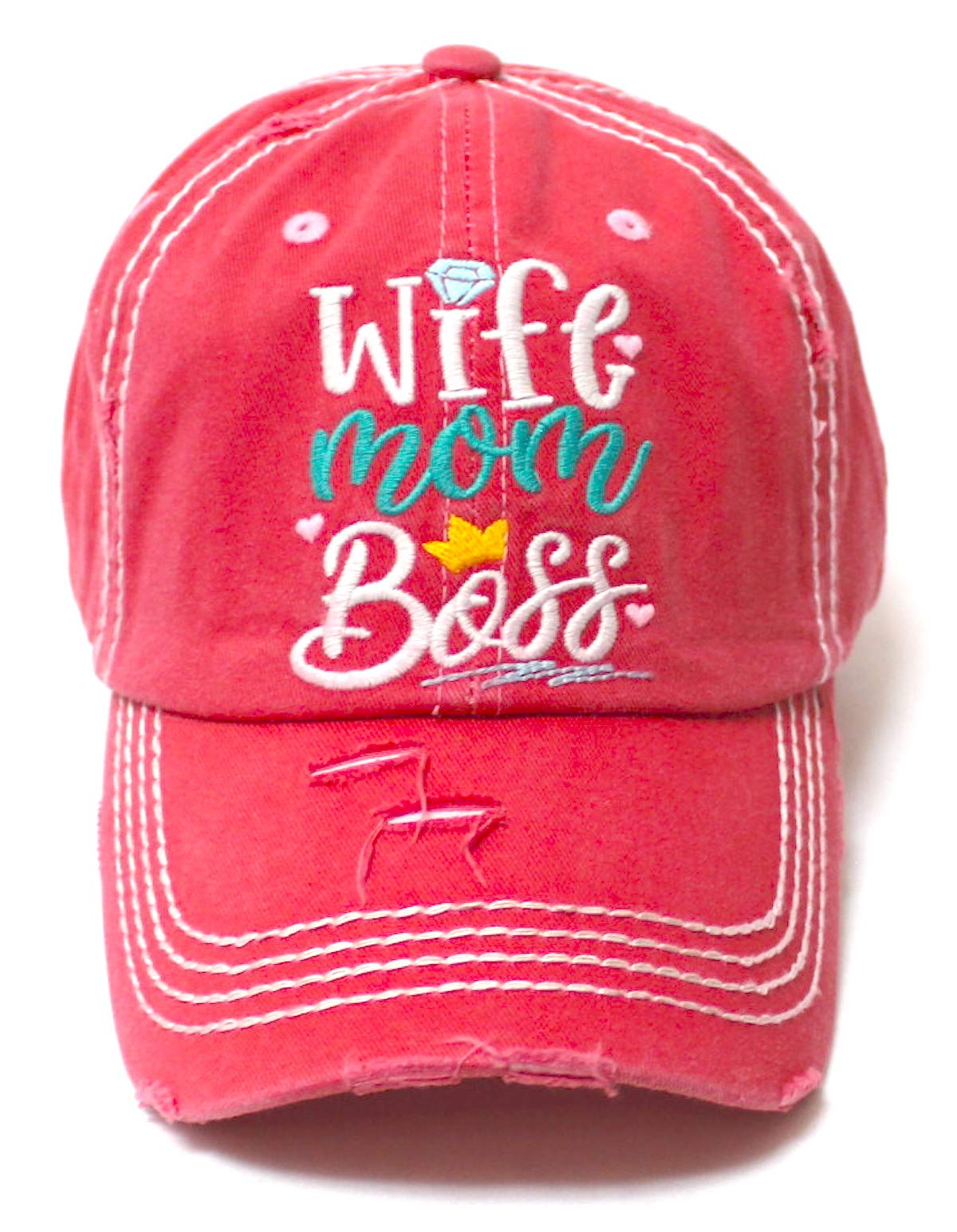 Women's Vintage Baseball Cap Wife, Mom, Boss Crown Diamond Hearts Monogram Embroidery Hat, Rose Pink