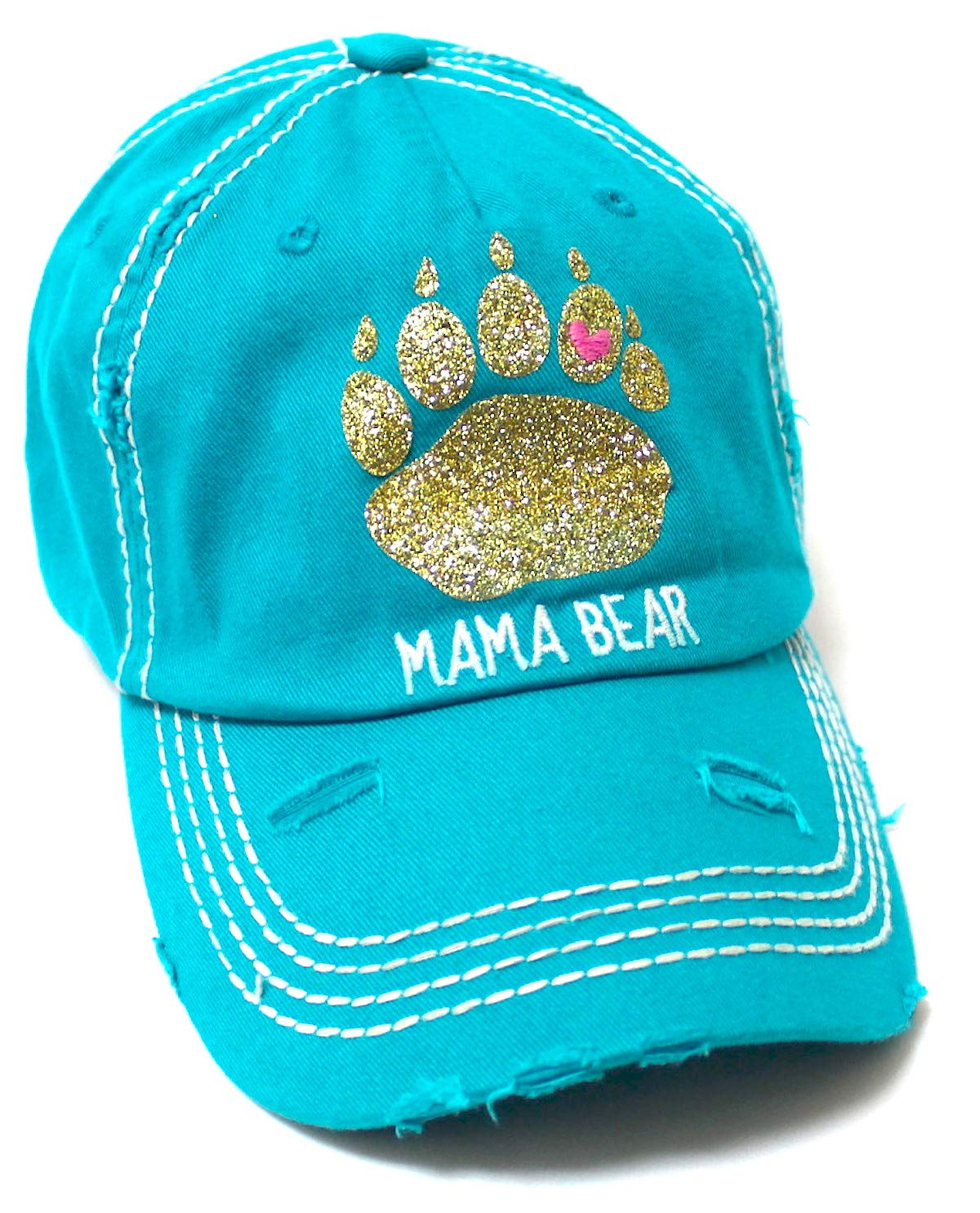 Women's Graphic Ballcap Mama Bear Gold Glitter Paw Print Heart Shape Monogram Hat, Turquoise - Caps 'N Vintage 