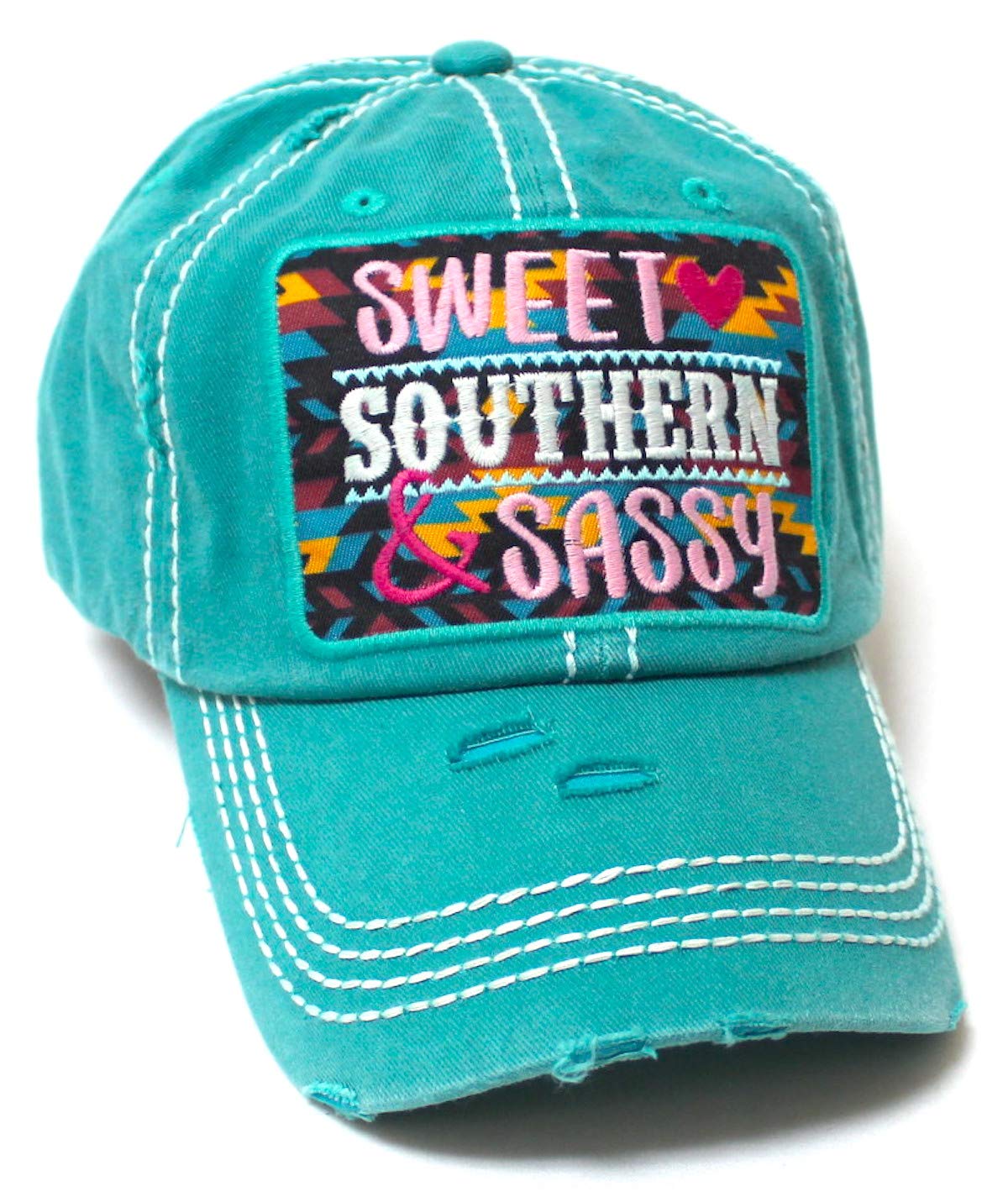 Women's Baseball Cap Sweet, Southern & Sassy Tribal Aztec Pattern Patch Embroidery Monogram Hat, Pretty Turquoise