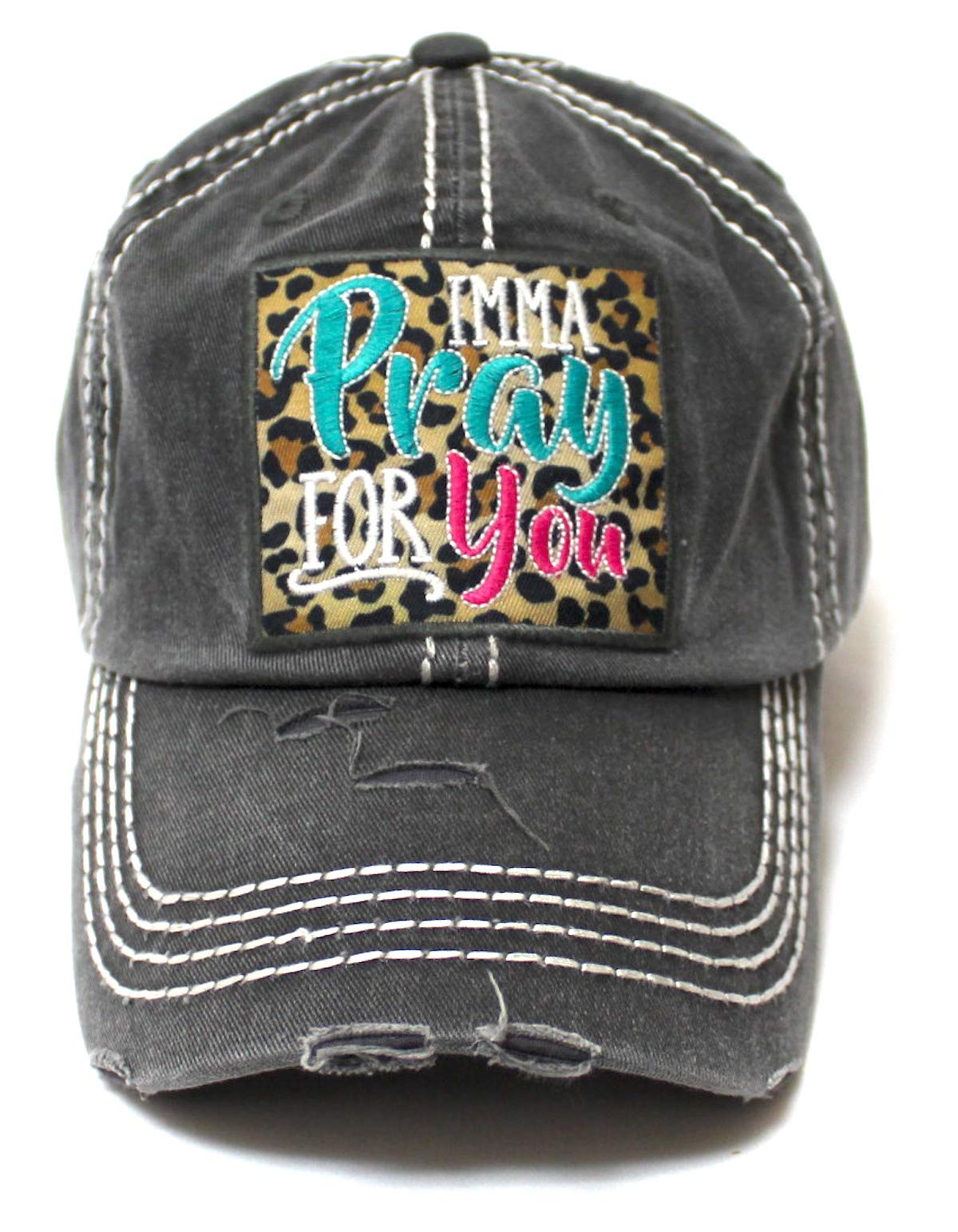 Women's Christian Themed Imma Pray for You Leopard Monogram Patch Embroidery Baseball Hat, Vintage Black - Caps 'N Vintage 