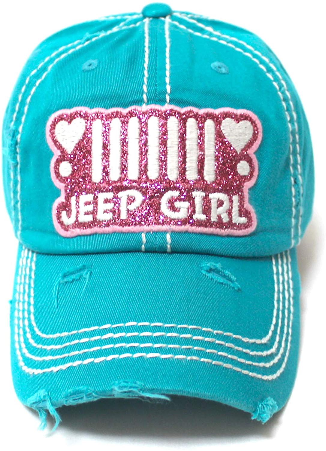 Women's Ballcap Jeep Girl Pink Glitter, Hearts Patch Embroidery Hat, Jewel Turquoise - Caps 'N Vintage 