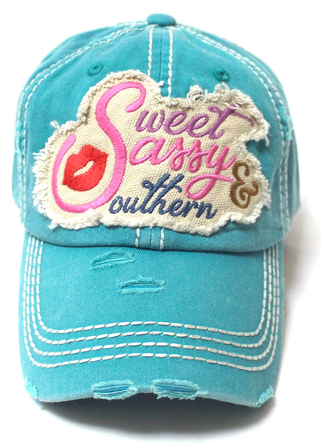 Women's Baseball Cap Sweet, Sassy & Southern Patch Embroidery Hat w/Red Kissy Lip Monogram, Turuoise - Caps 'N Vintage 