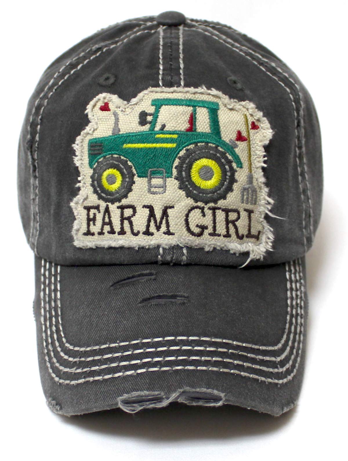 Women's Distressed Hat Farm Girl Country Love Patch Embroidery Monogram Ballcap, Vintage Black - Caps 'N Vintage 