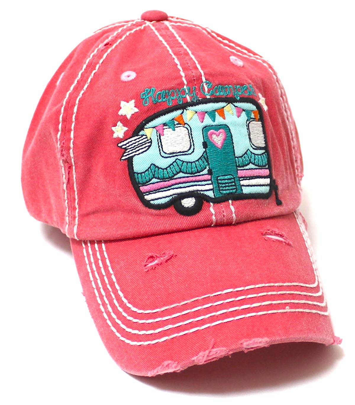 Camping Ballcap Happy Camper RV Truck, Hearts & Stars Patch Embroidery Hat, Rose Pink - Caps 'N Vintage 