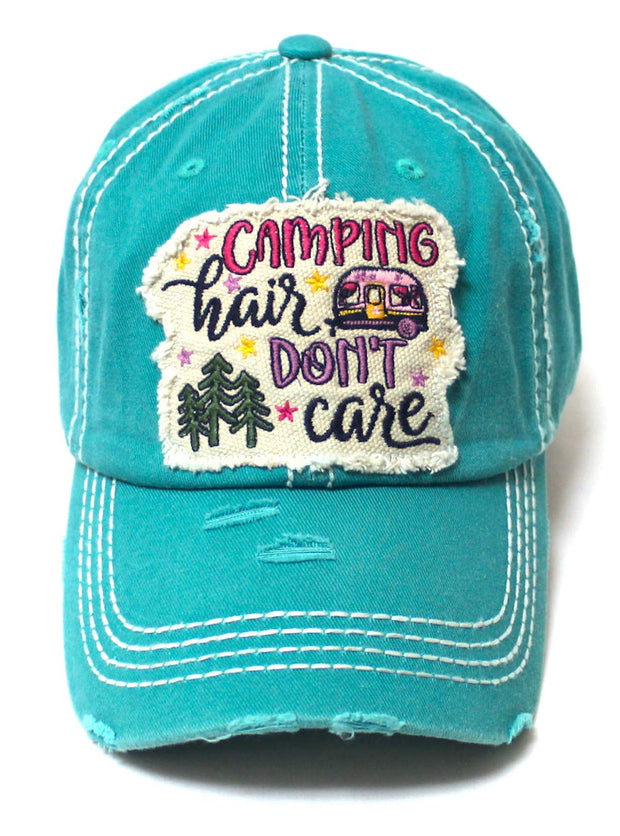 Women's Baseball Cap Camping Hair Don't Care Patch Embroidery Monogram Hat, Beach Turquoise