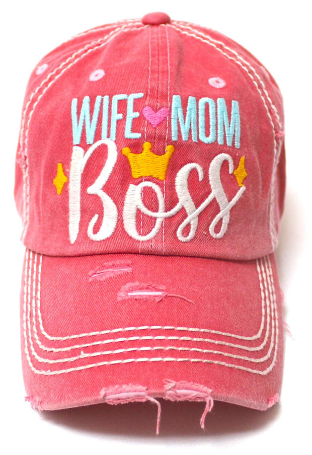 Women's Ballcap Wife Mom Boss Queen Crown Embroidery Hat, Pink Rose - Caps 'N Vintage 