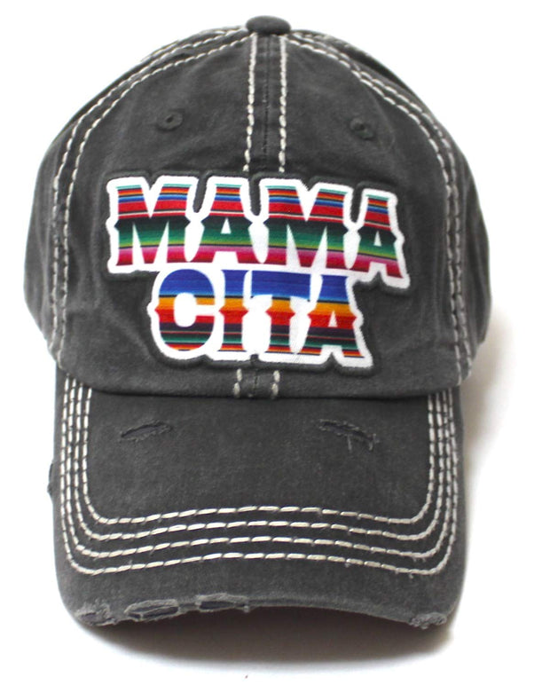 Women's Serape Themed Mamacita Monogram Embroidery Distressed Ballcap, Vintage Black - Caps 'N Vintage 