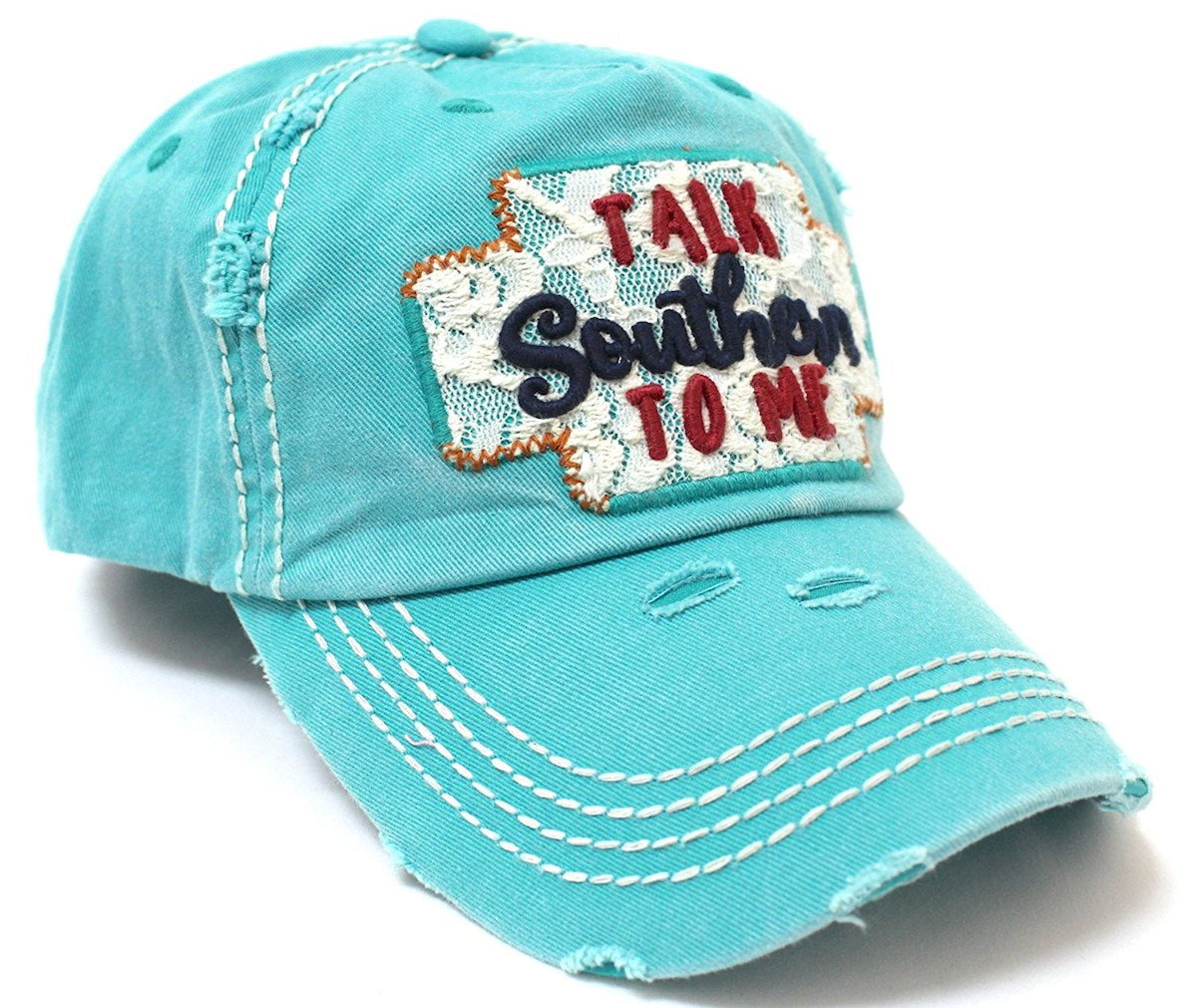 CAPS 'N VINTAGE Turquoise Distressed Talk Southern To Me Lace Embroidery Baseball Hat - Caps 'N Vintage 