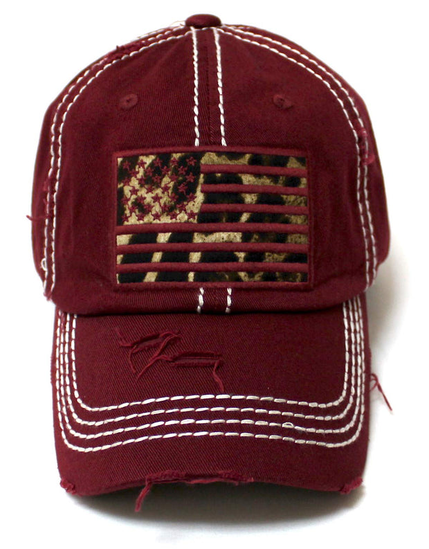 Women's Adjustable Baseball Cap Leopard Patch Embroidery American USA Flag Hat, Vintage Wine Burgundy - Caps 'N Vintage 