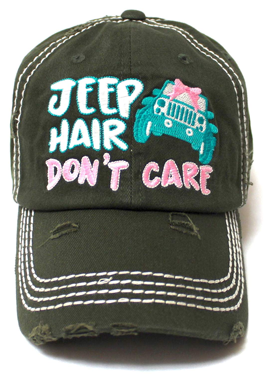 Ladies Bow-Tie Jeep Hair Don't Care Monogram Cheer Baseball Hat, Dark Olive - Caps 'N Vintage 