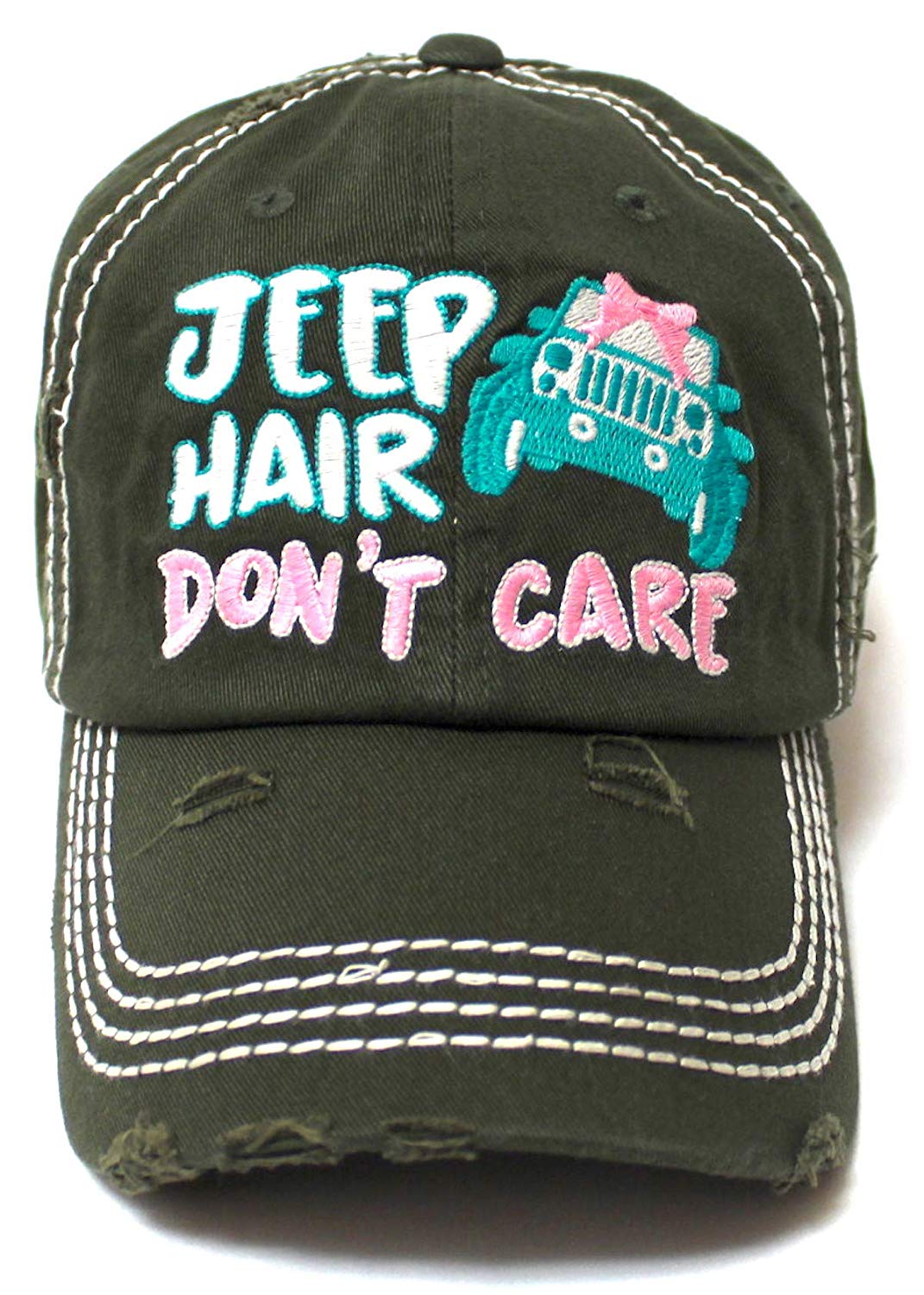 Ladies Bow-Tie Jeep Hair Don't Care Monogram Cheer Baseball Hat, Dark Olive - Caps 'N Vintage 