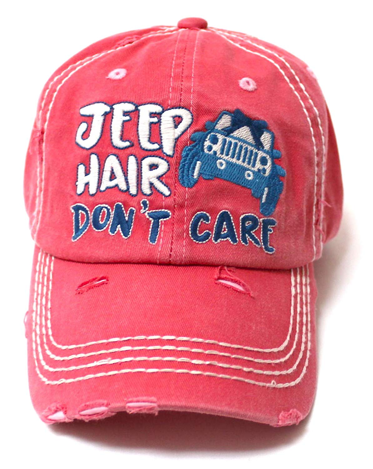 Ladies Bow-Tie Jeep Hair Don't Care Monogram Cheer Baseball Hat, Rose Pink - Caps 'N Vintage 