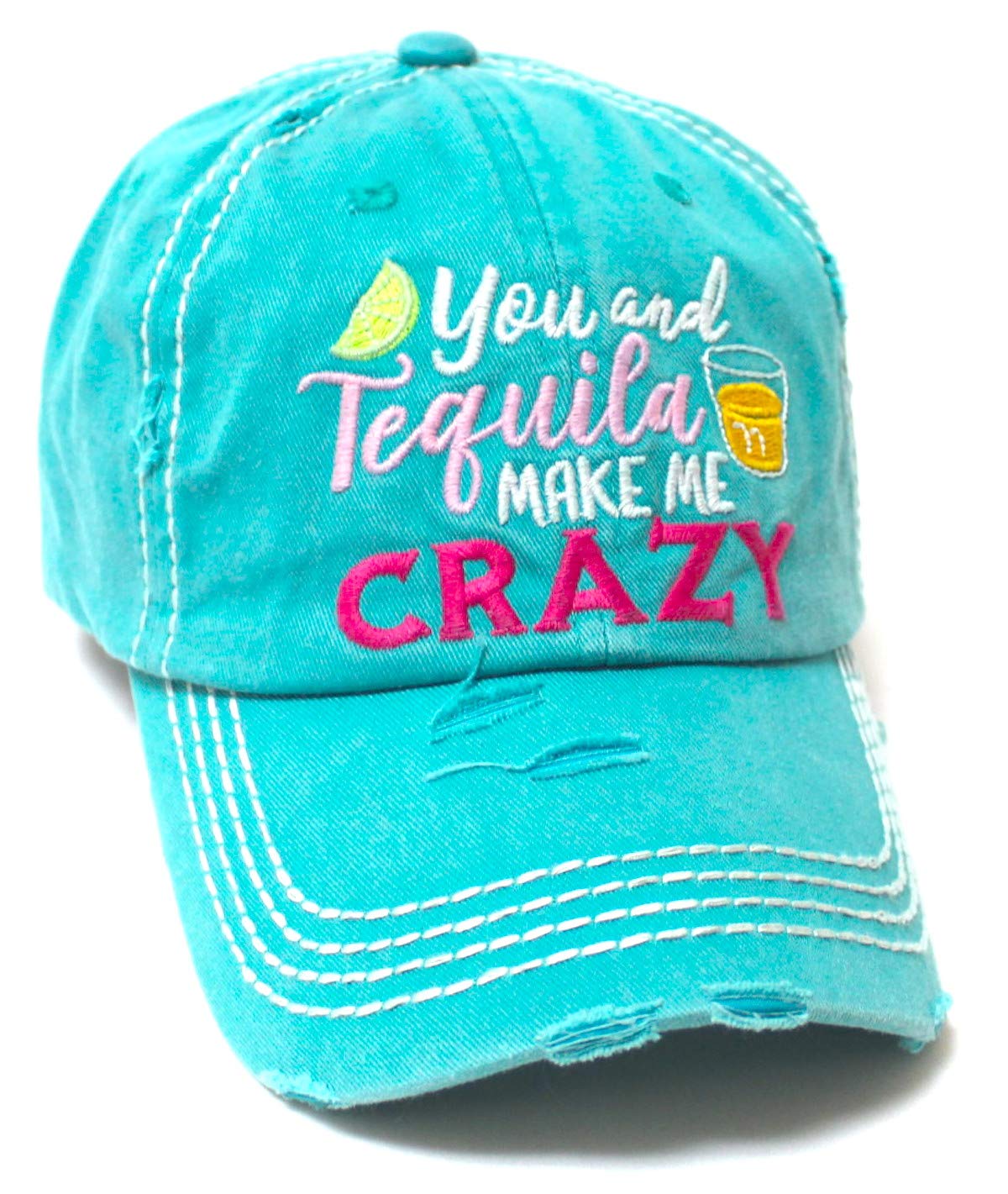 Women's Vintage Beach Cap You Make Me Crazy Lime & Margs Monogram Embroidery Baseball Hat, Turquoise - Caps 'N Vintage 