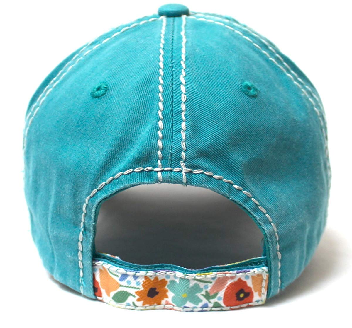 Cactus Floral Patchwork Embroidery Baseball Cap w/Monogram Bloom Detail, Turquoise - Caps 'N Vintage 