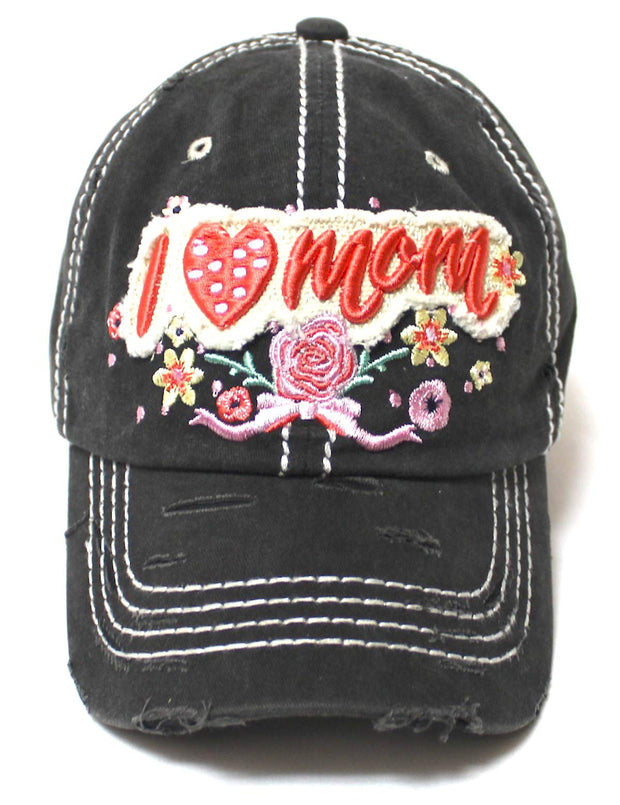 Women's Cap I Love Mom Hearts & Roses Patch Embroidery Monogram Hat, Vintage Black - Caps 'N Vintage 
