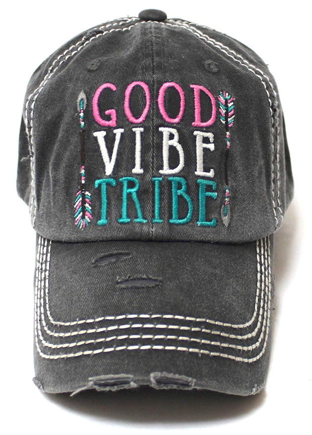 Women's Camping Cap Good Vibe Tribe Tribal Ethnic Arrow Monogram Embroidery Hat, Vintage Black - Caps 'N Vintage 