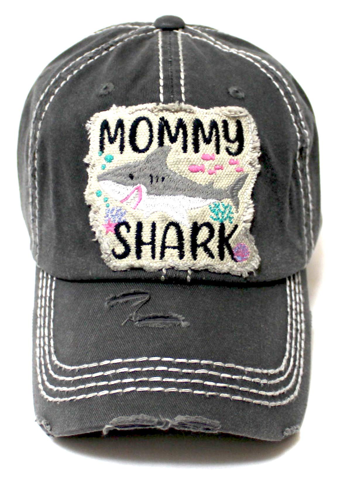"Mommy Shark" Patch Embroidery Monogram Ballcap, Seaworld Vintage Black - Caps 'N Vintage 