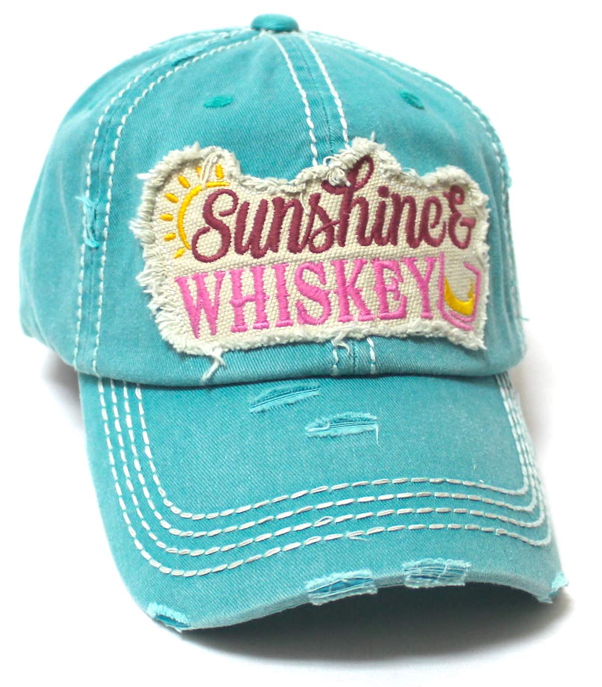 Women's Beach Hat Sunshine Fun Patch Embroidery Monogram Ballcap, Ocean Turquoise - Caps 'N Vintage 