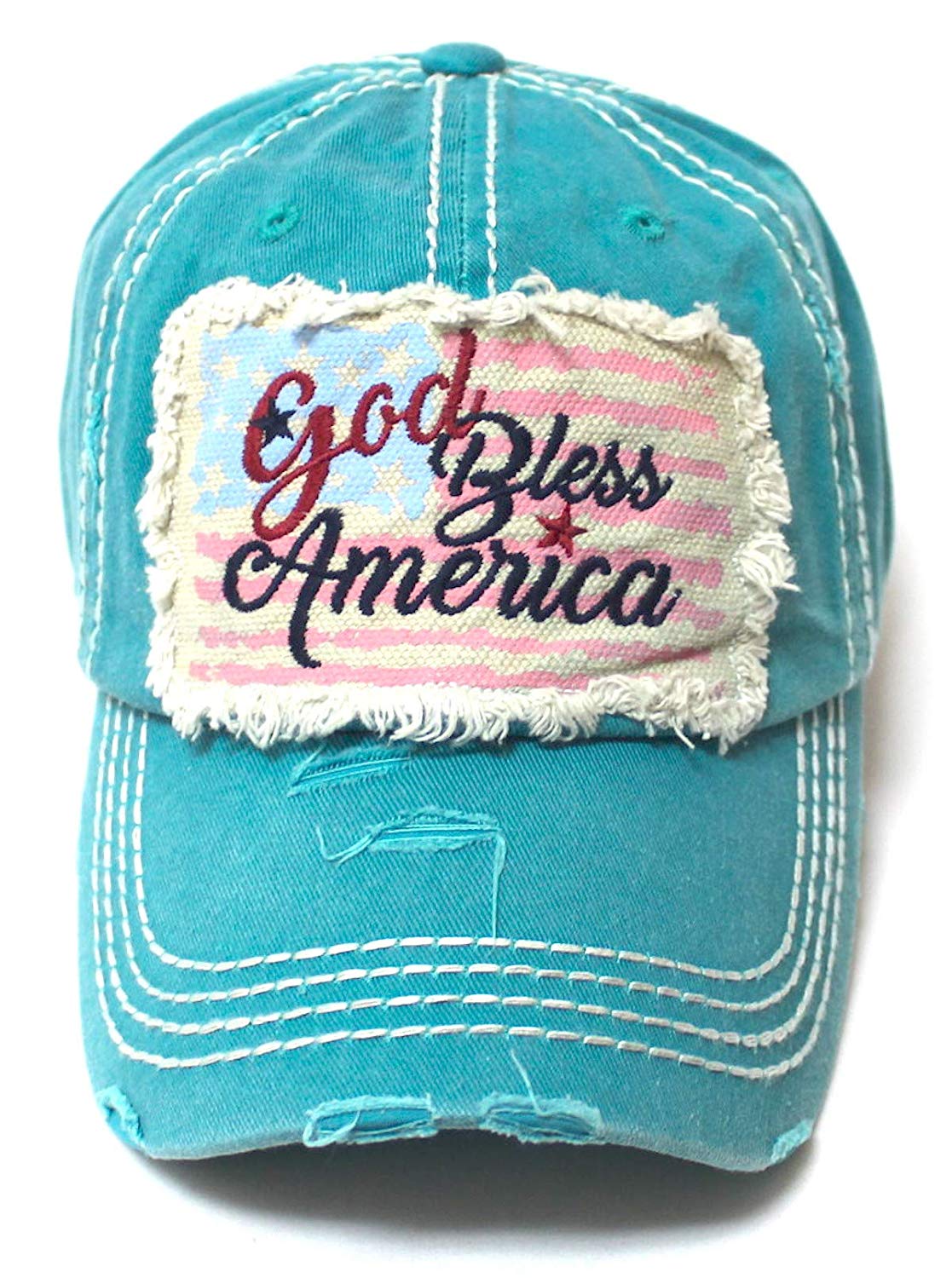 July 4 Celebratory USA Flag Patch God Bless America Embroidery Ballcap, Turquoise - Caps 'N Vintage 
