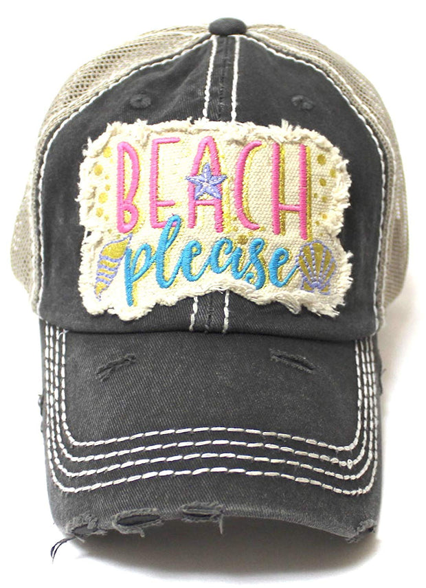Women's Vintage Trucker Hat Beach Please Patch Embroidery Graphic, Blk - Caps 'N Vintage 