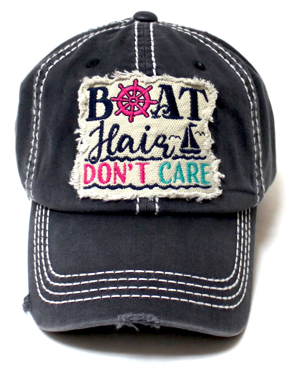 CAPS 'N VINTAGE Camping Ballcap Boat Hair Don't Care Patch Embroidery Outdoors Adjustable Hat, Black