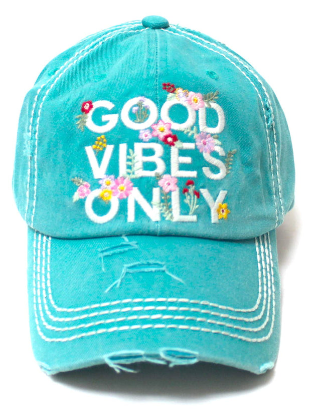 Women's Summer Ballcap Good Vibes Only Floral Monogram Embroidery Beach Hat, Ocean Blue - Caps 'N Vintage 