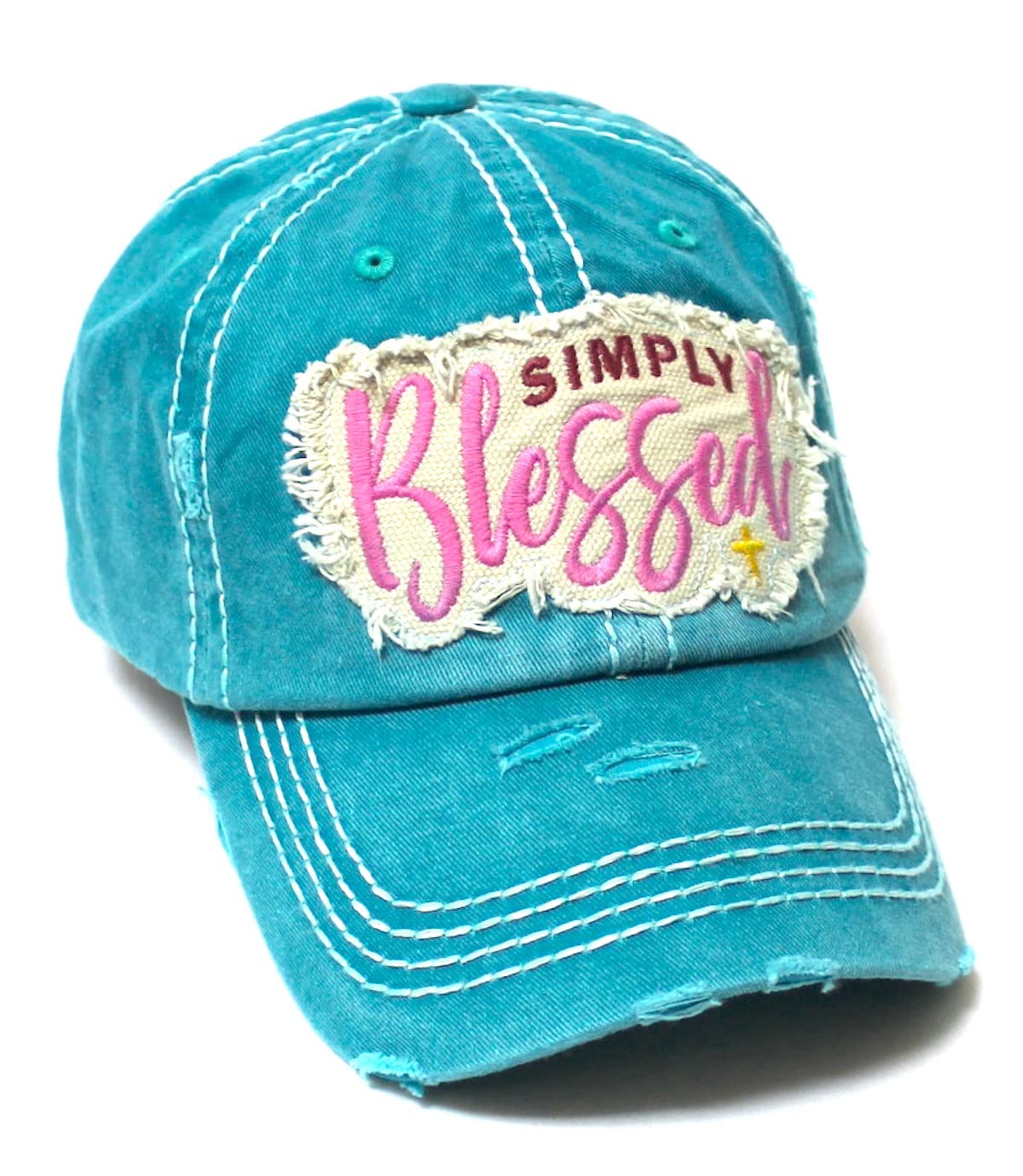Unisex Monogram Cap Simply Blessed Cross, Faith Themed Patch Embroidery Distressed Hat