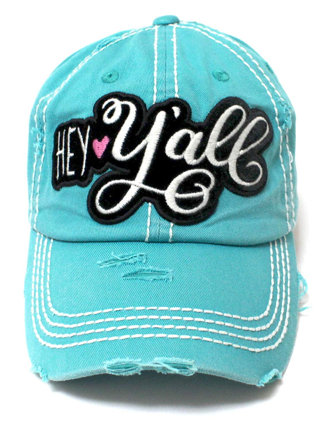New!! Jewel Turquoise Hey Y'all Velvet Patch Emroidery Hat w/Heart Detail - Caps 'N Vintage 