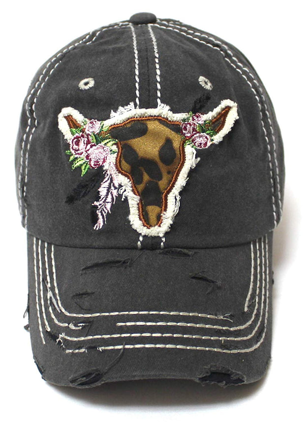 Women's Ballcap Leopard Print, Floral Cow Skull Feather Patch Embroidery Distressed Vintage Hat, Black - Caps 'N Vintage 