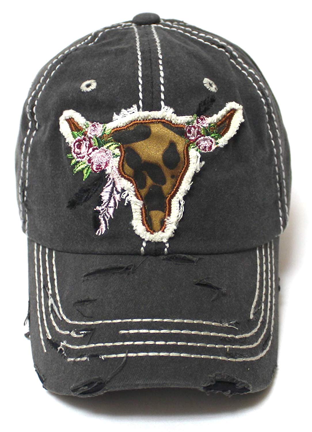 Women's Ballcap Leopard Print, Floral Cow Skull Feather Patch Embroidery Distressed Vintage Hat, Black - Caps 'N Vintage 