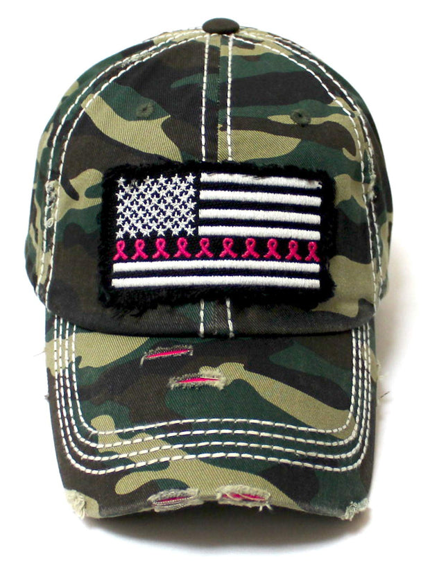 CAPS 'N VINTAGE Women's Breast Cancer Awareness Baseball Cap American Flag, Pink Ribbons Patch Embroidery Monogram Hat, Army Camo