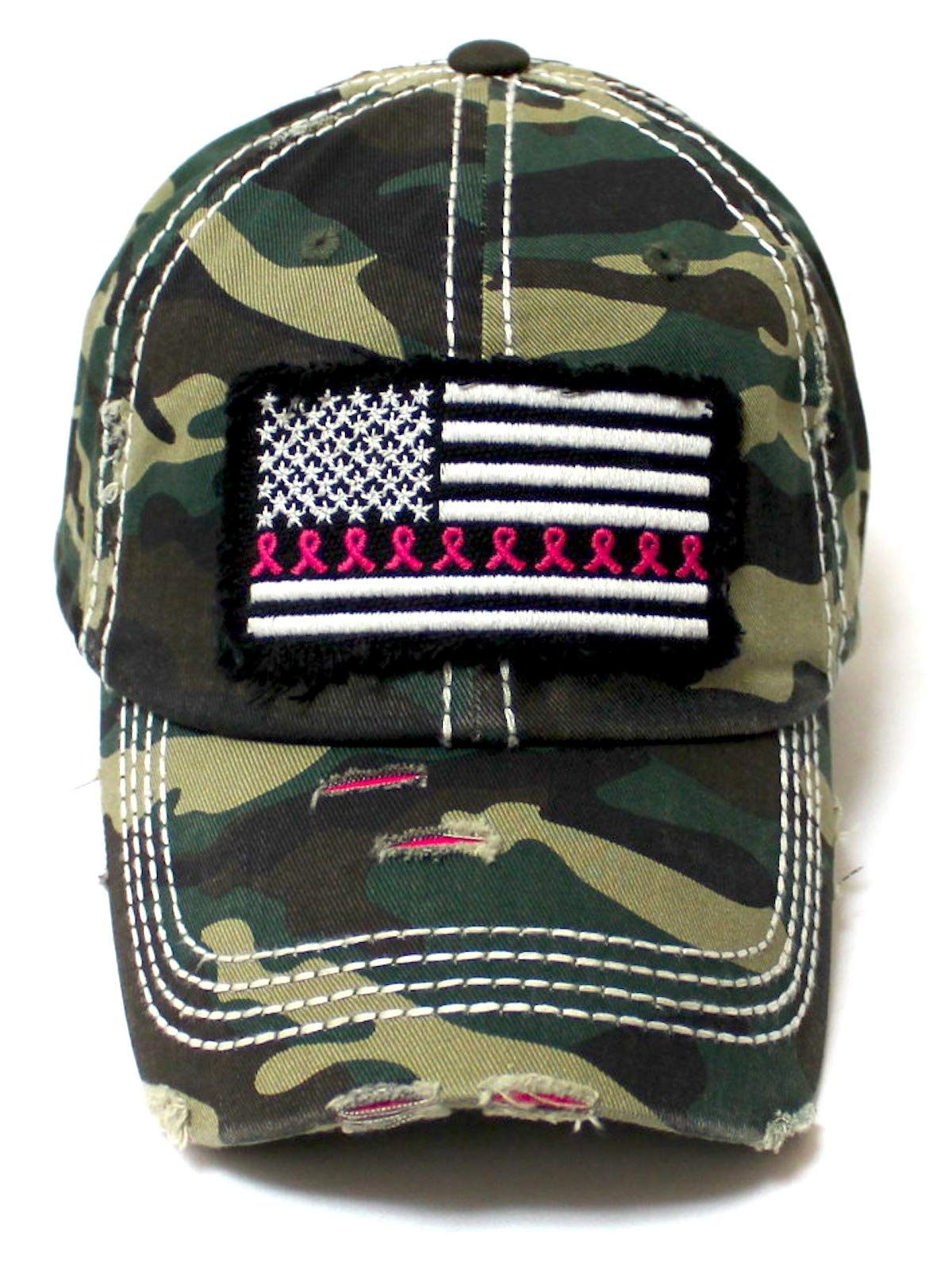 CAPS 'N VINTAGE Women's Breast Cancer Awareness Baseball Cap American Flag, Pink Ribbons Patch Embroidery Monogram Hat, Army Camo