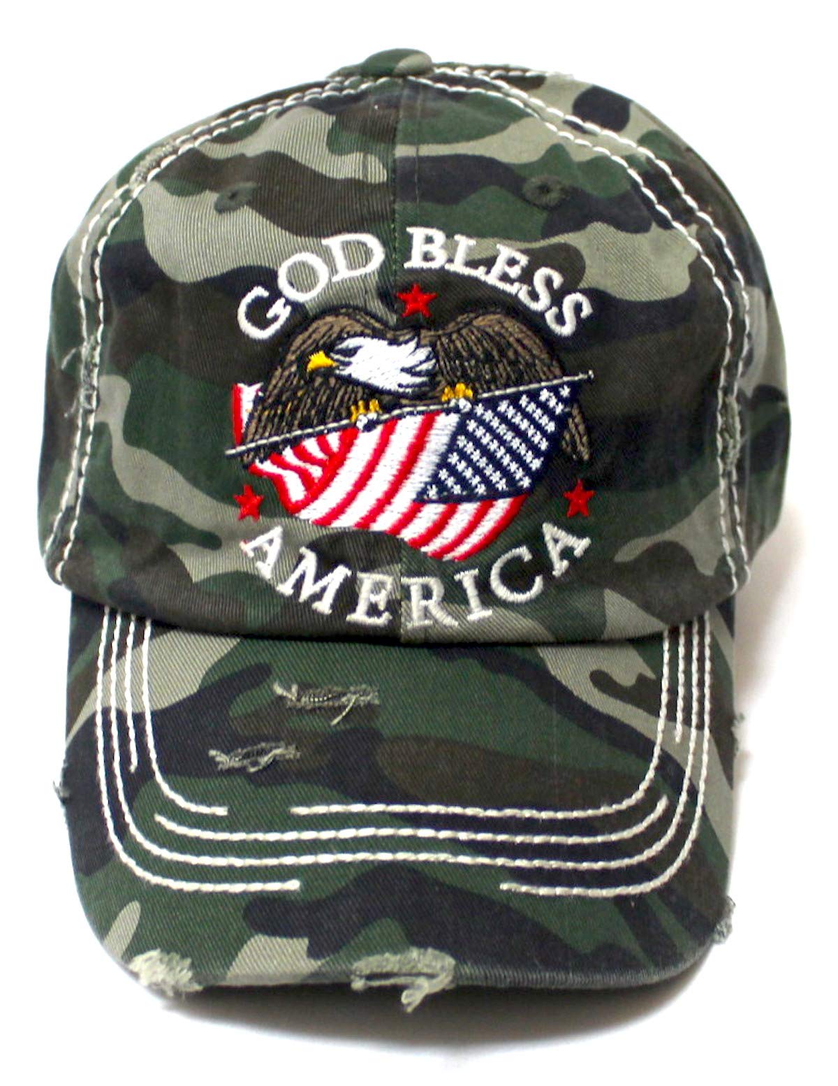 Distressed Adjustable Ballcap God Bless America Eagle USA Flag Monogram Embroidery Hat, Army Camoflauge - Caps 'N Vintage 