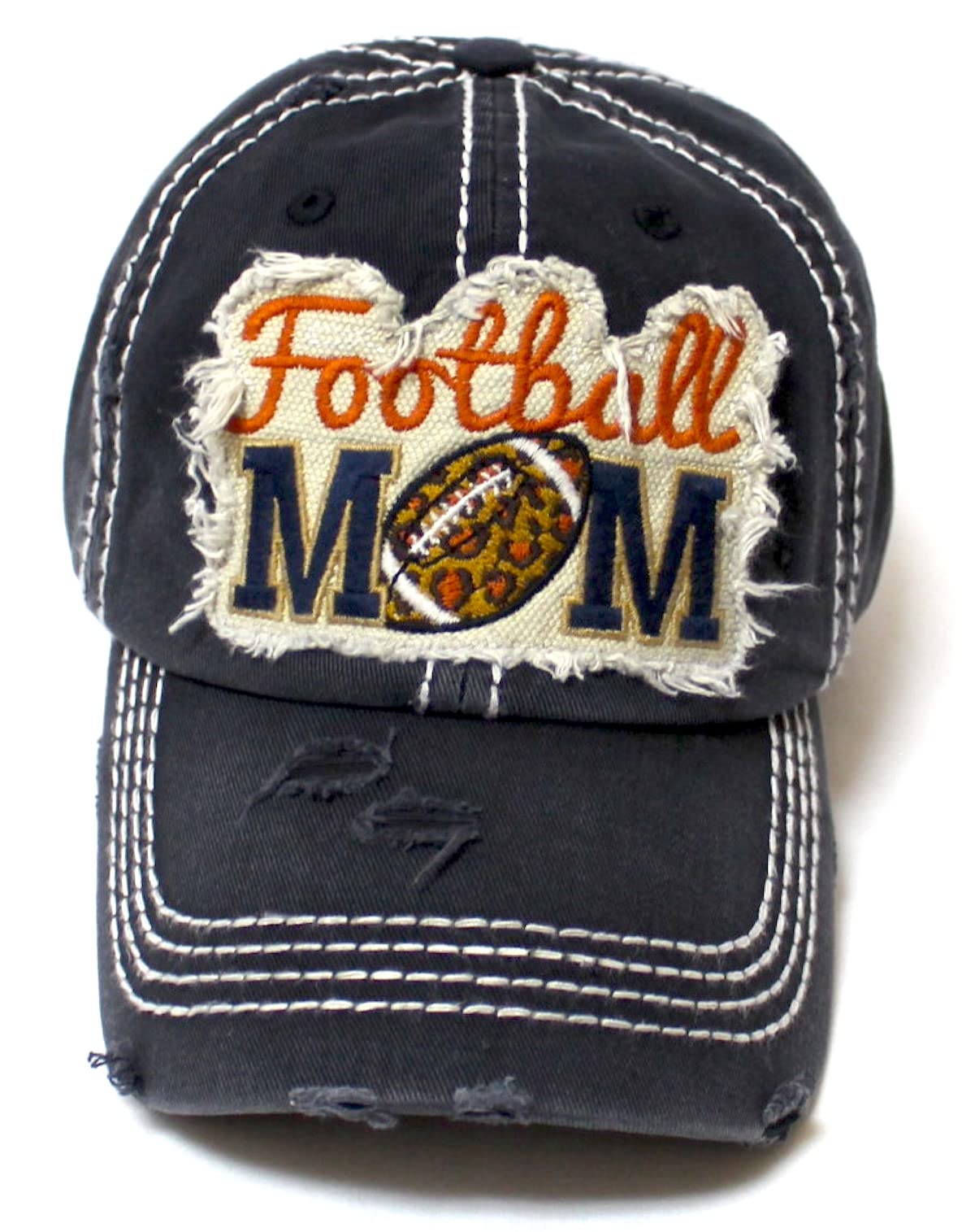 CAPS 'N VINTAGE Women's Ballcap Leopard Print Football MOM Patch Embroidery Monogram Hat, Black