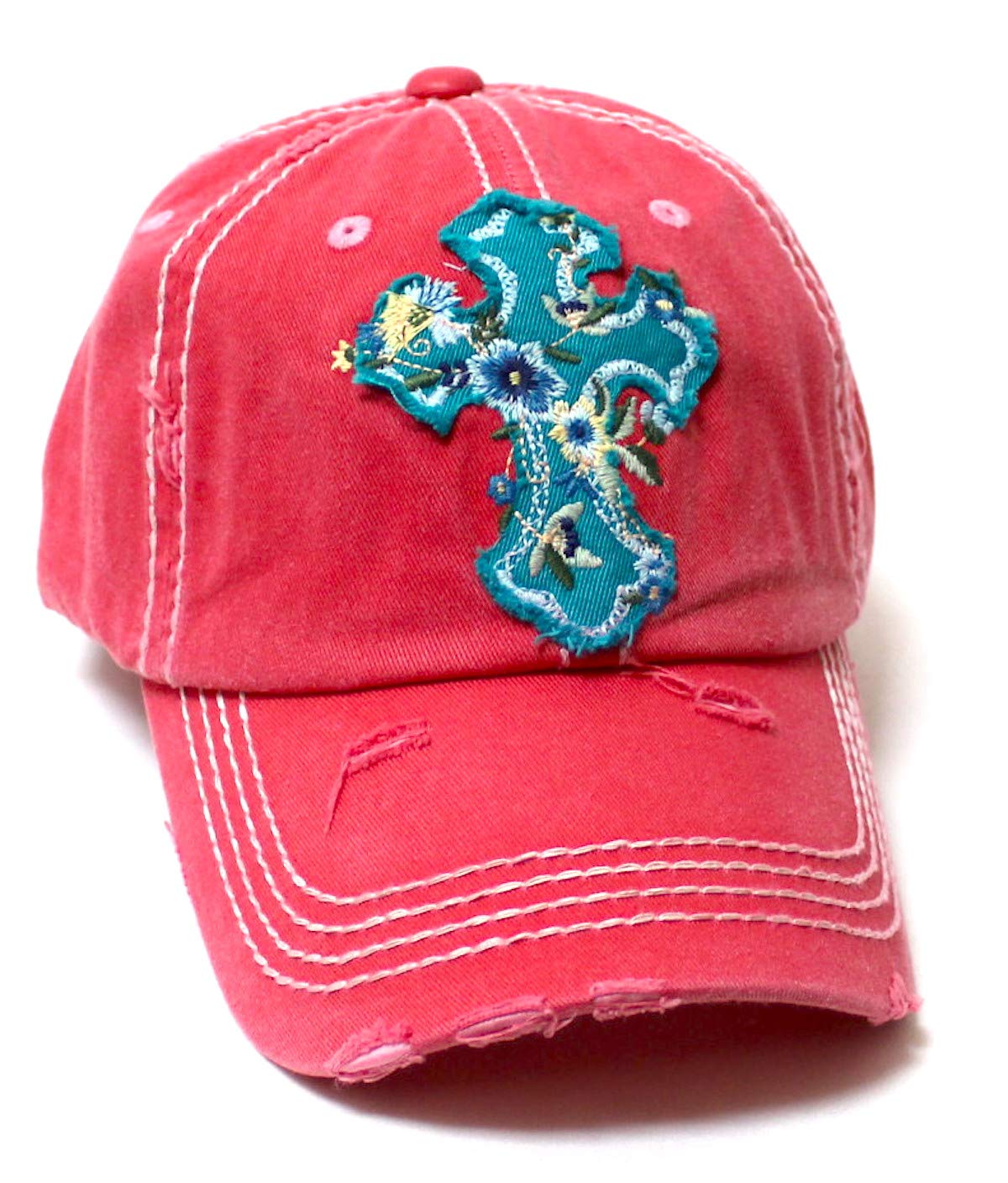 Women's Baseball Cap Romantic Floral Cross Embroidery Patch Monogram Adjustable Hat, Rose Pink