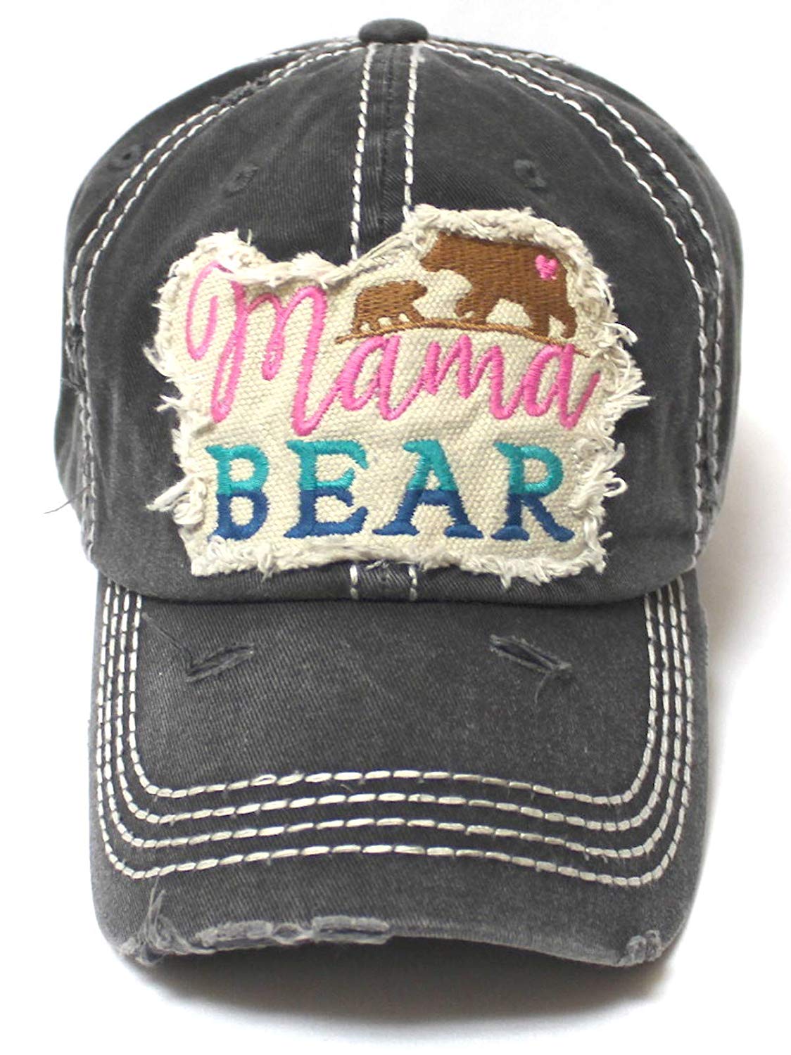 Women's Camping Cap Mama Bear & Cub Love Patch Embroidery Hat, Vintage Black - Caps 'N Vintage 