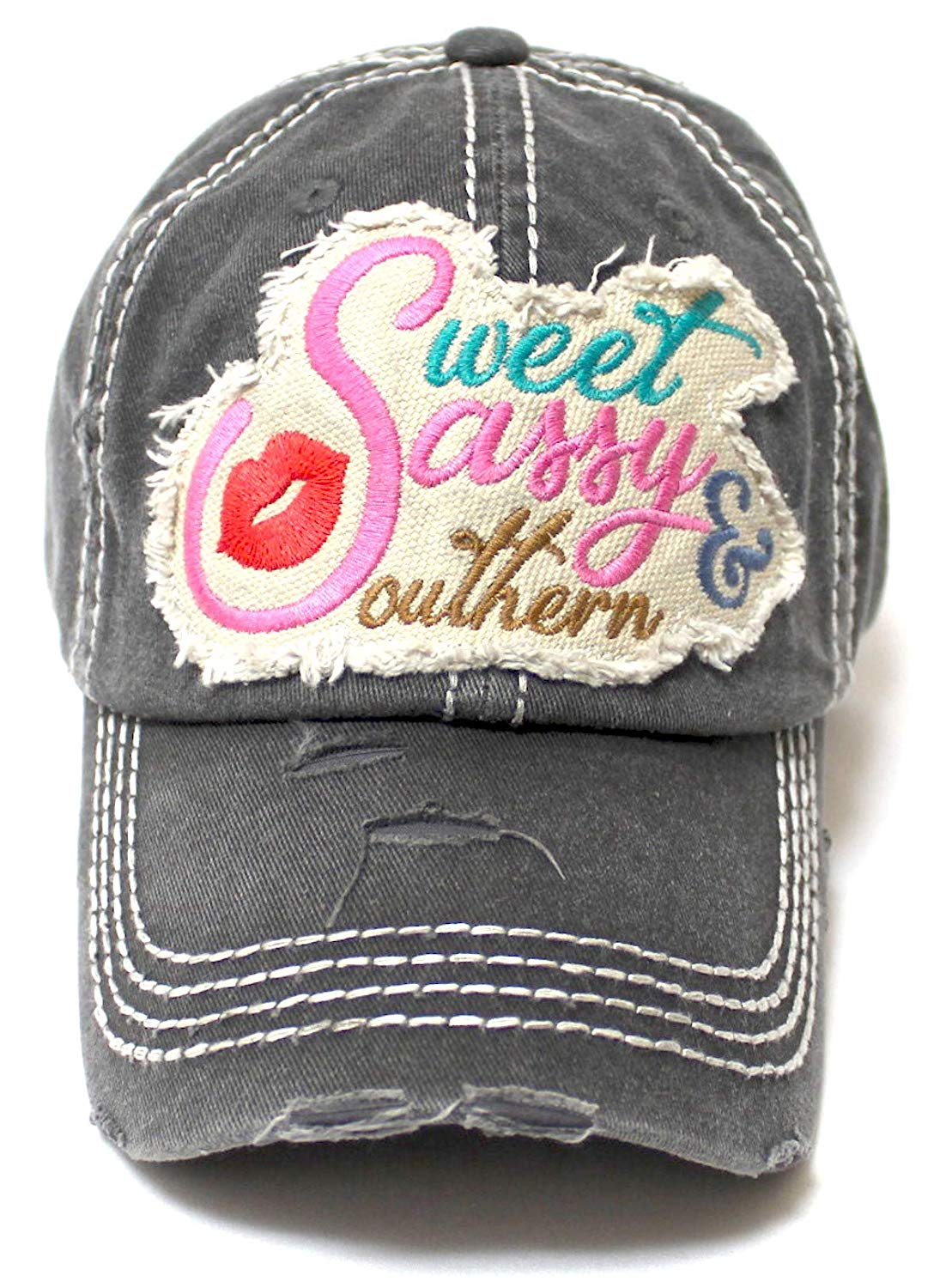 Women's Baseball Cap Sweet, Sassy & Southern Patch Embroidery Hat w/Red Kissy Lip Monogram, Charcoal - Caps 'N Vintage 