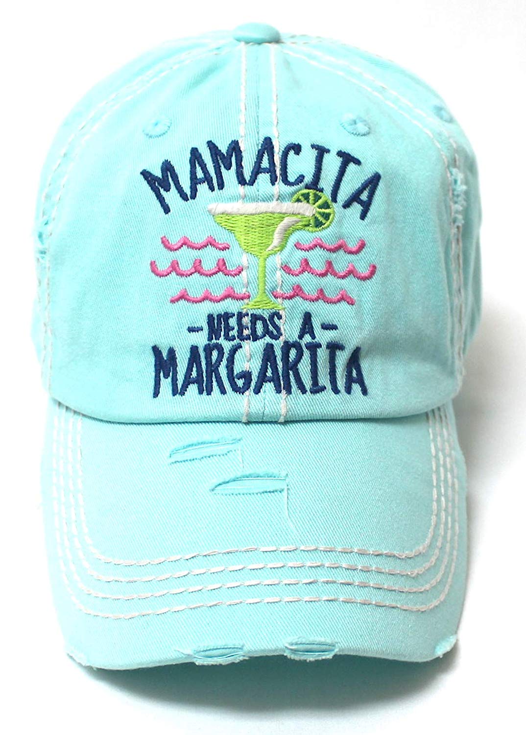 Women's Beach Cap Mamacita Needs A Margarita Monogram Hat, Fiji Blue - Caps 'N Vintage 