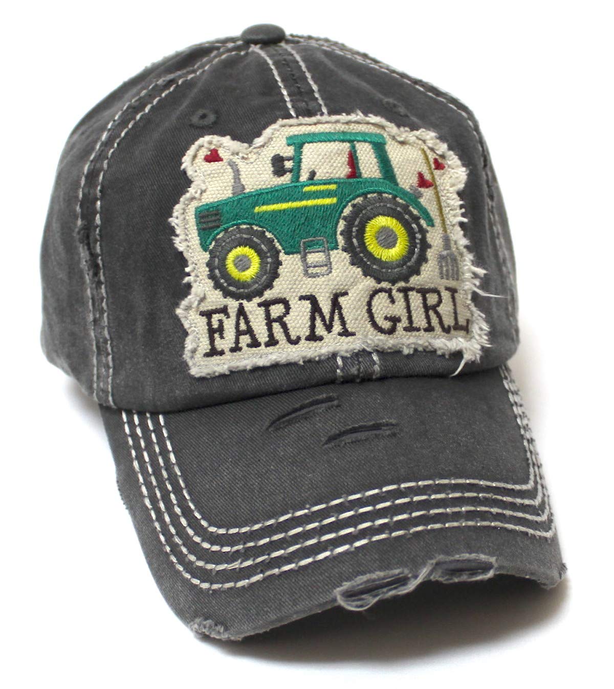 Women's Distressed Hat Farm Girl Country Love Patch Embroidery Monogram Ballcap, Vintage Black - Caps 'N Vintage 