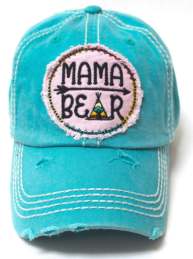 Women's Camping Cap Tribal Bohemian Mama Bear Patch Embroidery Hat, Turquoise - Caps 'N Vintage 