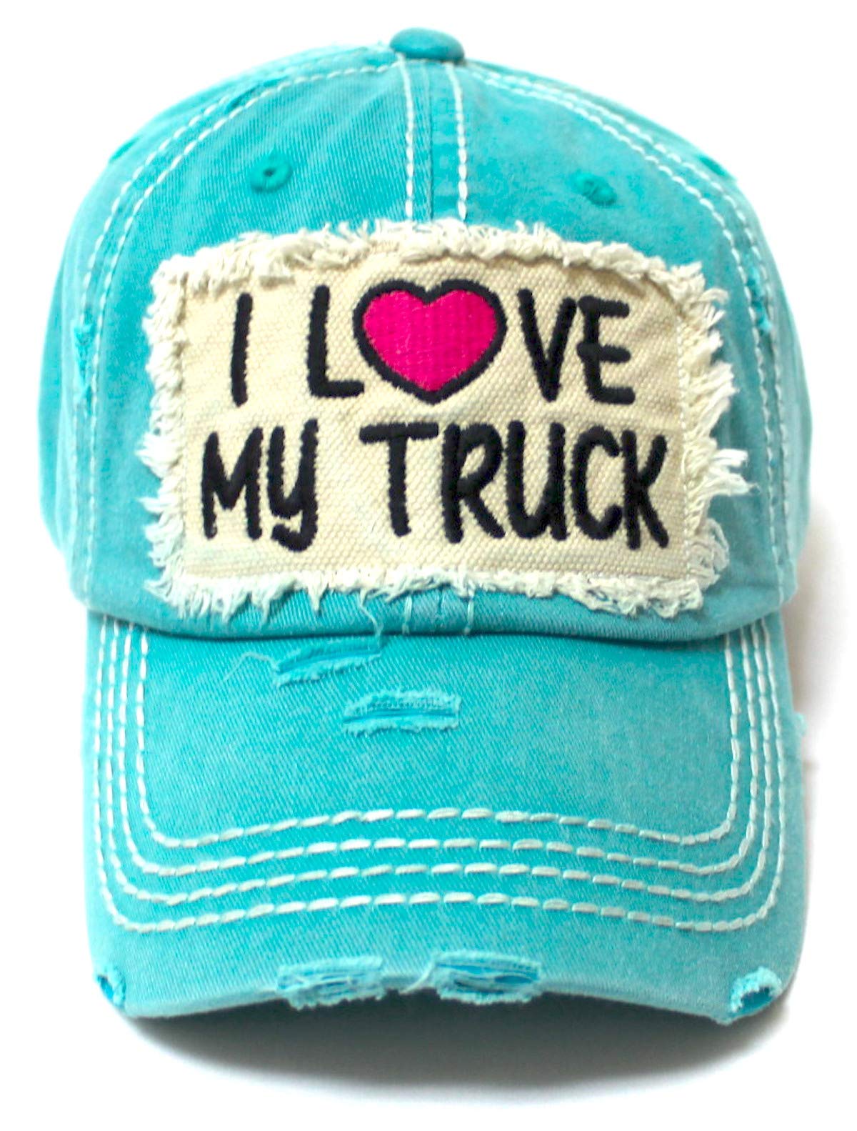 Women's Distressed Hat I Love My Truck Patch Embroidery Adjustable Cap, California Beach Blue - Caps 'N Vintage 