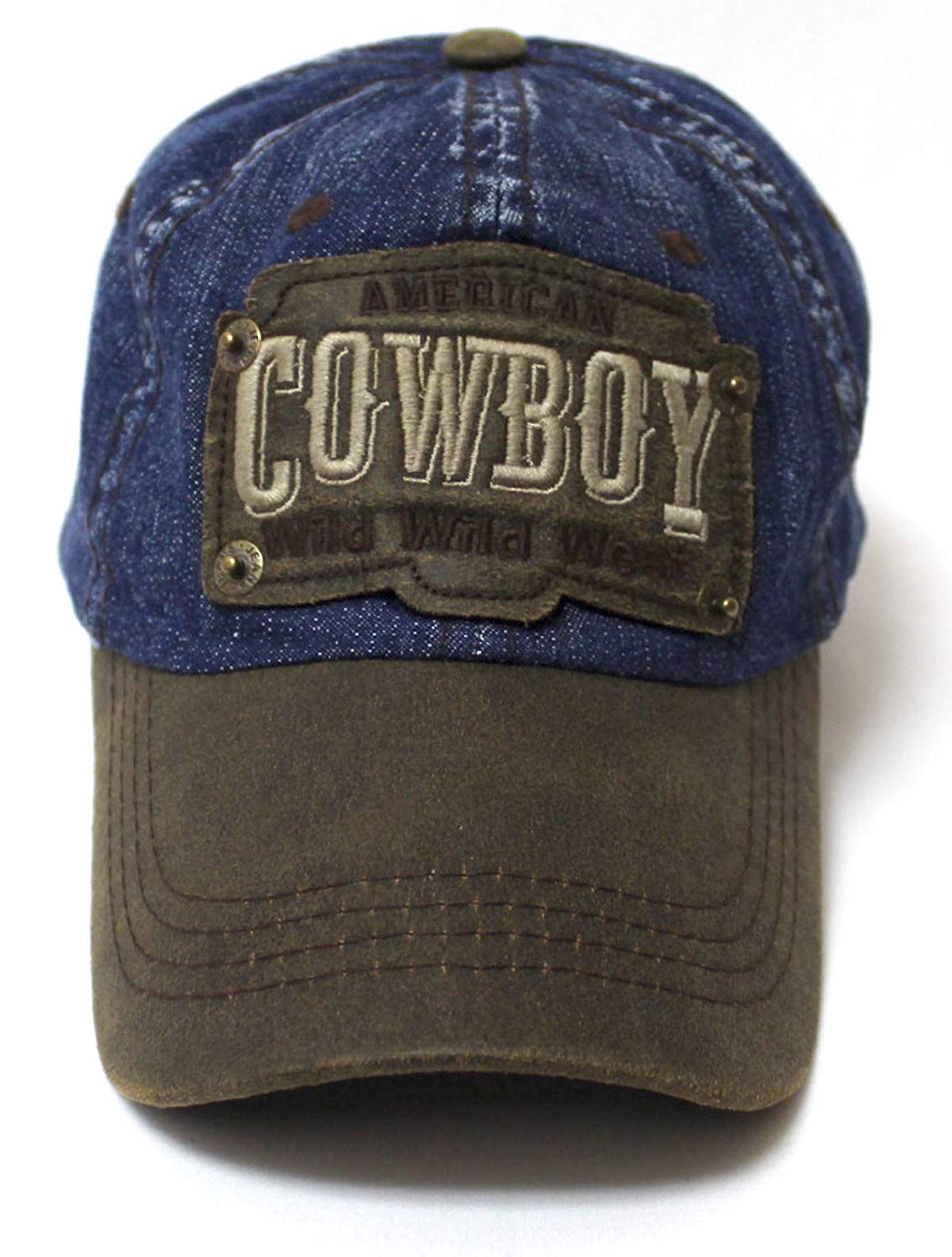 Classic Ballcap American Cowboy Wild Wild West Patch Embroidery Vintage Hat, Blue Denim - Caps 'N Vintage 