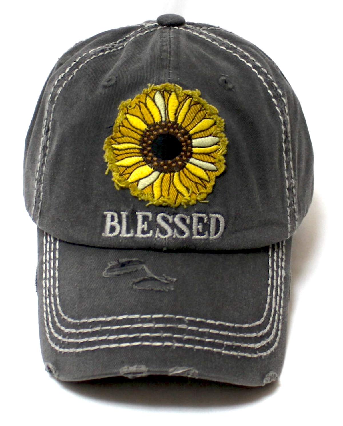 CAPS 'N VINTAGE Women's Distressed Baseball Cap Blessed Sunflower Patch Embroidery Monogram Hat